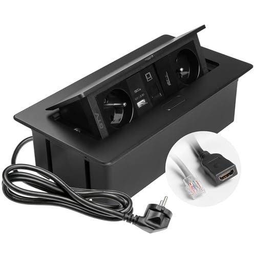 GTV – Einbausteckdose MULTISOFT schwarz mit 2x Steckdose mit Erdung, USB A+C, RJ45, HDMI 2.0, versenkbar mit Abdeckung, 1,5 m Kabel, ideal für Küche, Büro oder Konferenztisch von GTV