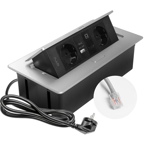 GTV – Einbausteckdose MULTISOFT aluminium mit 2x Schuko, USB A+C, RJ45, versenkbar mit Abdeckung, 1,5 m Kabel, ideal für Schreibtisch, Konferenztisch oder Küchenarbeitsplatte von GTV