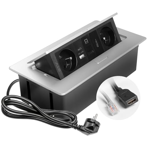 GTV – Einbausteckdose MULTISOFT aluminium mit 2x Steckdose mit Erdung, USB A+C, RJ45, HDMI 2.0, versenkbar mit Abdeckung, 1,5 m Kabel, ideal für Küche, Büro oder Konferenztisch von GTV