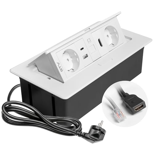 GTV – Einbausteckdose MULTISOFT weiß mit 2x Schuko, USB A+C, RJ45, HDMI 2.0, Abdeckung, versenkbar, 1,5 m Kabel, für Schreibtisch, Konferenztisch, Küche oder Homeoffice von GTV