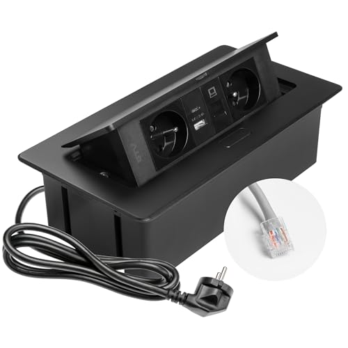 GTV – Einbausteckdose MULTISOFT schwarz mit 2x Steckdose mit Erdung, USB A+C, RJ45, versenkbar mit Abdeckung, 1,5 m Kabel, für Küche, Büro, Konferenz- und Arbeitstisch von GTV