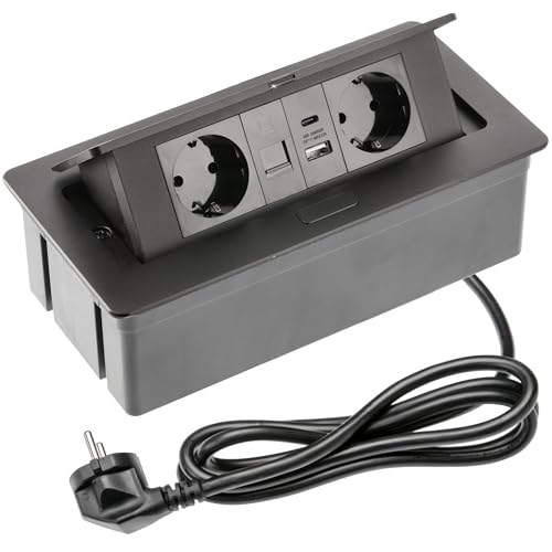 GTV – Einbausteckdose MULTISOFT schwarz mit 2x Schuko, USB A+C, RJ45, HDMI 2.0, Abdeckung, versenkbar, 1,5 m Kabel, für Schreibtisch, Konferenztisch, Küche oder Homeoffice von GTV