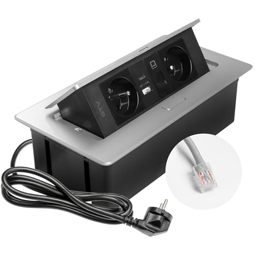 GTV – Einbausteckdose MULTISOFT aluminium mit 2x Steckdose mit Erdung, USB A+C, RJ45, versenkbar mit Abdeckung, 1,5 m Kabel, für Küche, Büro, Konferenz- und Arbeitstisch von GTV