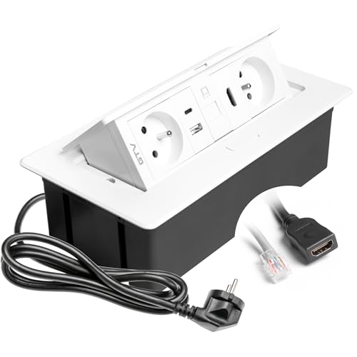 GTV – Einbausteckdose MULTISOFT weiß mit 2X Steckdose mit Erdung, USB A+C, RJ45, HDMI 2.0, versenkbar mit Abdeckung, 1,5 m Kabel, ideal für Küche, Büro oder Konferenztisch von GTV