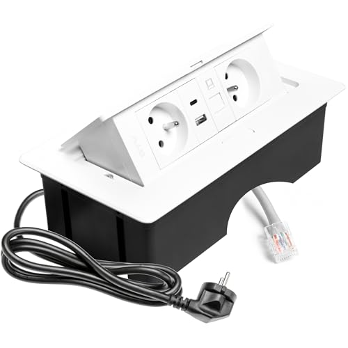 GTV – Einbausteckdose MULTISOFT weiß mit 2x Steckdose mit Erdung, USB A+C, RJ45, versenkbar mit Abdeckung, 1,5 m Kabel, für Küche, Büro, Konferenz- und Arbeitstisch von GTV