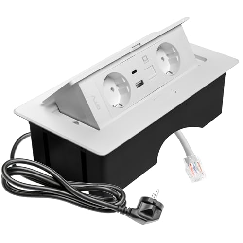 GTV – Einbausteckdose MULTISOFT weiß mit 2x Schuko, USB A+C, RJ45, versenkbar mit Abdeckung, 1,5 m Kabel, ideal für Schreibtisch, Konferenztisch oder Küchenarbeitsplatte von GTV