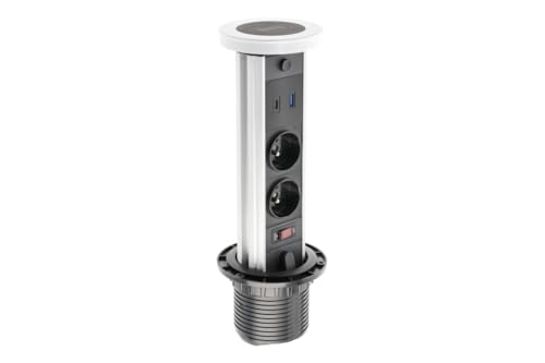 GTV Einbautischsteckdose CAMINO 80mm, 2x French, USB-A+C, Induktionsladung 10W, 1,5m Kabel, Weiß - perfekte Lösung für moderne Arbeitsplätze von GTV