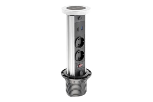 GTV Einbautischsteckdose CAMINO 80mm, 2x Schuko, USB-A+C, Induktionsladung 10W, 1,5m Kabel, Weiß - ideal für Büro, Konferenzräume und Home Office von GTV