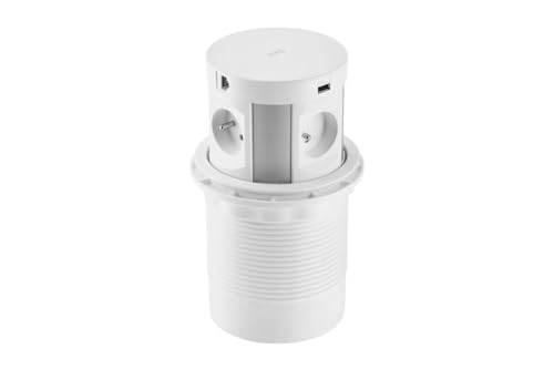 GTV Einbautischsteckdose COMFORT PLUS 120mm, 4x French, 2xUSB, 2xRJ45, Induktionsladung 5W, 1,5m Kabel, Weiß - für Büro, Küche, Konferenzräume von GTV