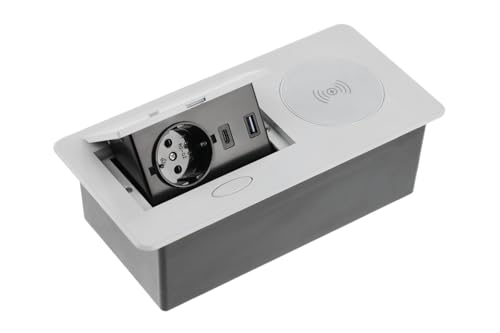 GTV Möbelsteckdose AVARO Plus, kompakte Steckdose mit 5W Induktionsladegerät, USB-A und USB-C, erhältlich in Weiß, Schwarz, Aluminium, ideal für Home-Office und Büros von GTV