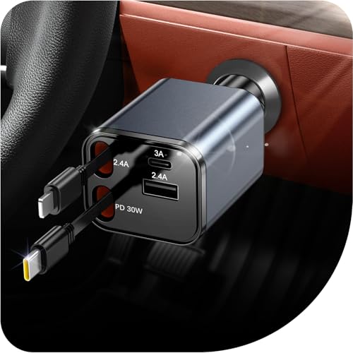 GUAGUA 4 in 1 Einziehbarer Auto Ladegerät Adapter, 69W Zigarettenanzünder Auto Ladegerät USB C, Travel Essentials Autozubehör Geschenke für Frauen Männer 12V USB Buchse für iPhone, Samsung, Android GUAGUA 4 in 1 Einziehbarer Auto Ladegerät Adapter, 69W Zigarettenanzünder Auto Ladegerät USB C, Travel Essentials Autozubehör Geschenke für Frauen Männer 12V USB Buchse für iPhone, Samsung, Android von GUAGUA