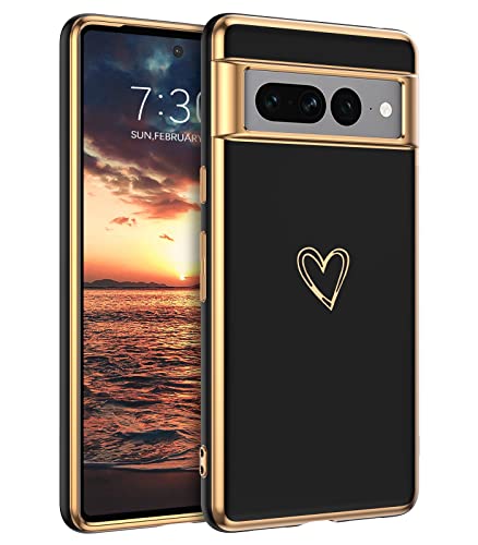 GUAGUA Handyhülle für Google Pixel 7 Pro Hülle Cute Herz Muster Galvanisierte Kameraschutz Stoßfeste Silikonhülle Weich TPU Silikon Schutzhülle Dünn für Google Pixel 7 Pro 2022 (6,7''), Schwarz von GUAGUA