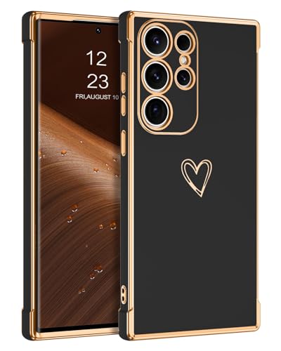 GUAGUA Handyhülle für Samsung Galaxy S24 Ultra 5G Hülle mit Cute Herz Muster Galvanisierte Kameraschutz Stoßfeste Dünn Hülle Weich TPU Schutzhülle Case für Samsung S24 Ultra 5G (6,8‘’), Schwarz von GUAGUA
