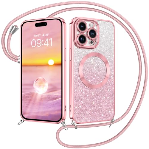 GUAGUA Handyhülle für iPhone 15 Pro Hülle mit Band, [Kompatibel mit MagSafe] Handykette iPhone 15 Pro Magnetische Schutzhülle Stoßfeste Glitzer Weiche TPU Schutzschale Case (6,1'') Rosa von GUAGUA