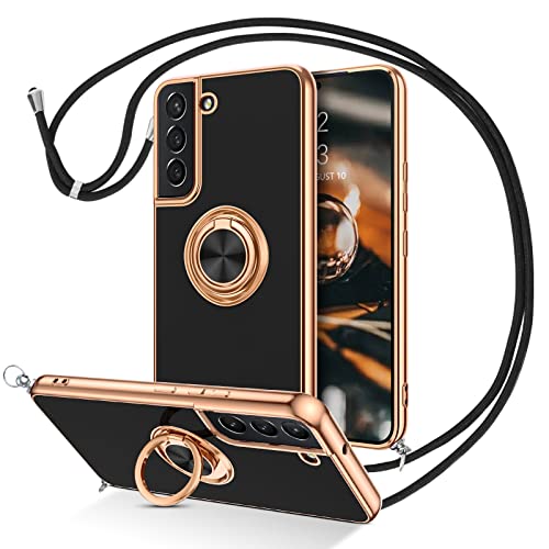 GUAGUA Handykette Samsung Galaxy S21 Hülle, Handyhülle mit Band 360° Ring Ständer Schutzhülle Magnetische Autohalterung Stoßfest Galvanisierte Weich TPU Schutzschale Phone Case Bumper Cover, Schwarz von GUAGUA