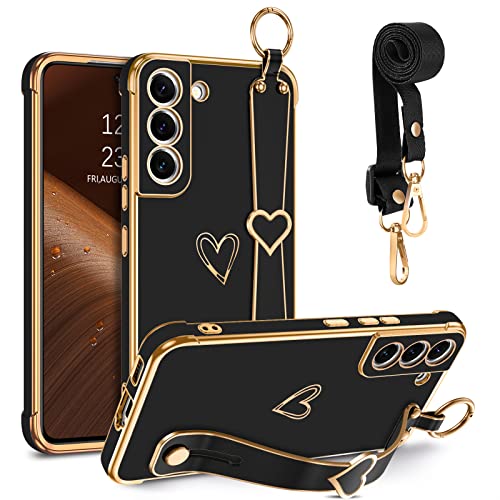 GUAGUA Handykette Samsung Galaxy S22 5G Hülle, Handyhülle mit Band Fingerhalter Ständer Strap Cute Herz Love Muster Schutzhülle Stoßfest Galvanisierte Weich TPU Dünn Schutzschale Case, Schwarz von GUAGUA