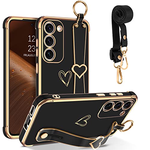 GUAGUA Handykette Samsung Galaxy S23 Plus 5G Hülle, Handyhülle mit Band Fingerhalter Ständer Strap Cute Herz Love Muster Schutzhülle Stoßfest Galvanisierte Weich TPU Dünn Schutzschale Case, Schwarz von GUAGUA