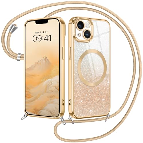 GUAGUA Handykette für iPhone 13 Hülle mit Band iPhone 13 Glitzer Handyhülle [Kompatibel mit MagSafe] Magnetische Schutzhülle Stoßfeste Weiche TPU Schutzschale, (6,1'') Gold von GUAGUA