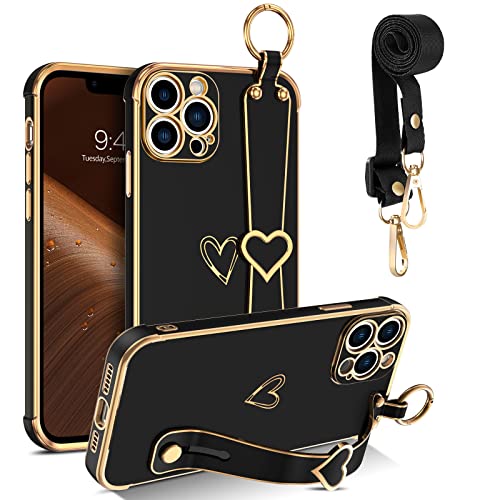 GUAGUA Handykette iPhone 13 Pro Max Hülle, Handyhülle mit Band Fingerhalter Ständer Strap Cute Herz Love Muster Schutzhülle Stoßfest Galvanisierte Weich TPU Case für iPhone 13 Pro Max, (6,7'') Schwarz von GUAGUA