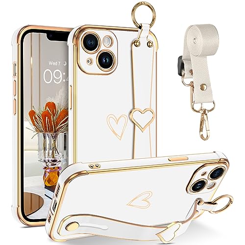 GUAGUA Handykette iPhone 14 Hülle, Handyhülle mit Band Fingerhalter Ständer Strap Cute Herz Love Muster Schutzhülle Stoßfest Galvanisierte Weich TPU Dünn Schutzschale Case, Weiß von GUAGUA