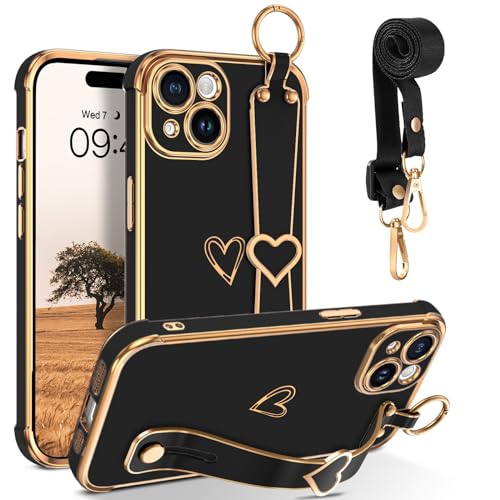 GUAGUA Handykette iPhone 15 Hülle, Handyhülle mit Band Fingerhalter Ständer Strap Cute Herz Love Muster Schutzhülle Stoßfest Galvanisierte Weich TPU Dünn Schutzschale Case, Schwarz von GUAGUA