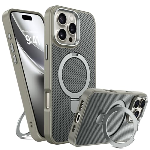 GUAGUA Magnetisch Handyhülle für iPhone 16 Pro Max Hülle [Kompatibel mit MagSafe] mit Ring Ständer Stoßfest Schutzhülle Carbon Fiber Muster Case für iPhone 16 Pro Max (6,9'') Titan Natur von GUAGUA