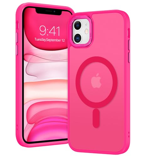 GUAGUA Magnetische Schutzhülle für iPhone 11 [kompatibel mit Magsafe] Rückseitenschutz, transparent, matt, dünn, Hartschale, stoßfest, Militärqualität, für Herren/Damen/Mädchen, Rosa/Rot von GUAGUA