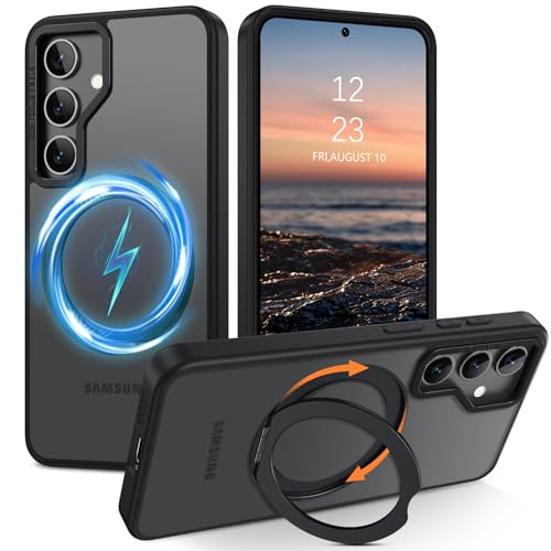 GUAGUA Galaxy S24 FE Hülle mit Ständer, kompatibel mit MagSafe [eingebauter, um 360 drehbarer Magnetringhalterung] Stoßfeste Hülle für Samsung S24 FE 17.0 cm, Mattschwarz von GUAGUA