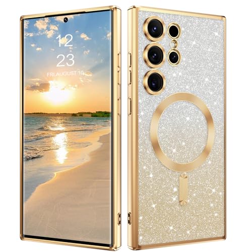 GUAGUA für Samsung Galaxy S24 Ultra 5G Hülle, Glitzer Magnetische Handyhülle [Kompatibel mit MagSafe] Stoßfeste Kameraschutz Schutzhülle Weiche Soft TPU Slim Schutzschale Case, (6,8'') Gold von GUAGUA