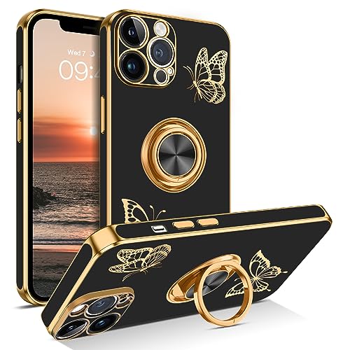 GUAGUA für iPhone 12 Pro Max Hülle mit 360 Grad Ring Ständer Schmetterling Muster Handyhülle Fingerhalter Stoßfest Kameraschutz Magnetische TPU Schutzhülle Case für iPhone 12 Pro Max, Schwarz von GUAGUA