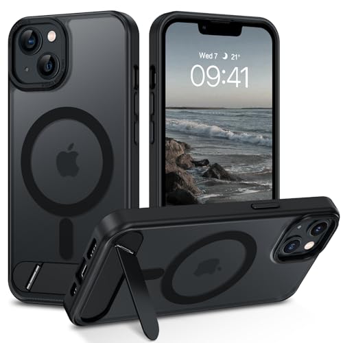 GUAGUA Handyhülle für iPhone 13/iPhone 14 Hülle mit Ständer [Kompatibel mit MagSafe] Matt Magnetisch Durchscheinende Rückseite Stoßfeste Schutzhülle für iPhone 13/14 Case (6,1'') Schwarz von GUAGUA