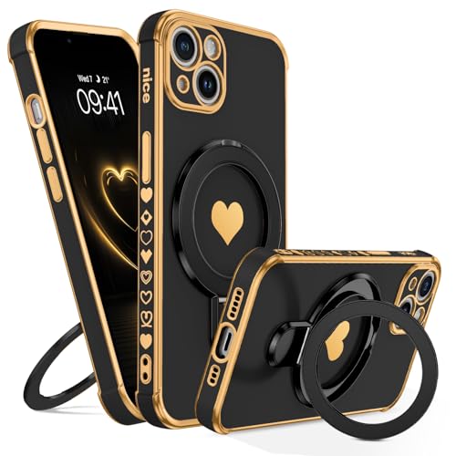 GUAGUA Handyhülle für iPhone 13 Hülle mit Ring Ständer [Kompatibel mit MagSafe] mit Cute Herz Muster Weich TPU Magnetisch Stoßfeste Schutzhülle Case für iPhone 13 (6,1'') Schwarz/Gold von GUAGUA
