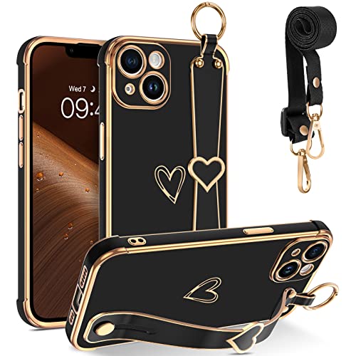 GUAGUA für iPhone 14 Hülle, Handykette iPhone 14 Handyhülle mit Band Fingerhalter Ständer Strap Cute Herz Love Muster Schutzhülle Stoßfest Galvanisierte Weich TPU Phone Case, Schwarz von GUAGUA