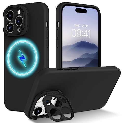 GUAGUA für iPhone 14 Pro Max Hülle mit Kamera Ständer [Kompatibel mit MagSafe] Magnetisch Flüssige Silicone Silikon Schutzhülle Case für iPhone 14 Pro Max Handyhülle, Schwarz von GUAGUA