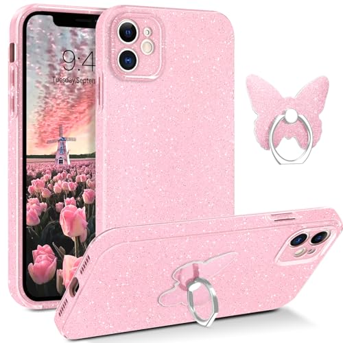 GUAGUA iPhone 11 Hülle, iPhone 11 Handyhülle mit Ring Ständer Schmetterling Muster Glitzer Schutzhülle Stoßfest Kameraschutz Soft Weich TPU Silikonhülle Phone Case Cover (6,1 Zoll) Rosa/Pink von GUAGUA