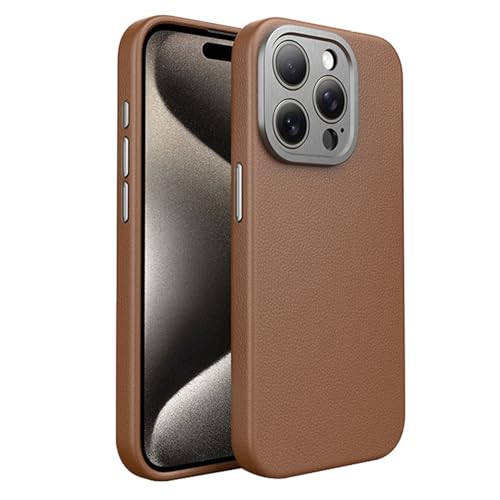 GUANBBD Echtes Leder Hülle für iPhone 15 Pro Max/15 Pro/15, Ultradünne Magnetische Handyhülle Support Kabelloses Laden Metall KameraSchutz Hülle,Braun,15 Pro von GUANBBD