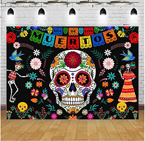 Day of The Dead Hintergrund mexikanischer Fiesta Karneval Festival Hintergrund Totenkopf Blume Dekoration Banner Dia DE Los Muertos Dress-up Fotostudio Requisiten Zubehör Vinyl (3,4 m × 2,4 m) von GUANJIONG