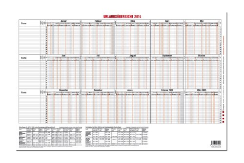 GÜSS® Urlaubsplaner 2014, Nr. 12-54, bis 15 Personen: DIN A3 - 190 g/m² Postkartenkarton - 2-farbiger Druck - Schulferienübersicht - Zeilenhöhe: 4mm - Größe: 42 cm x 30cm von GÜSS