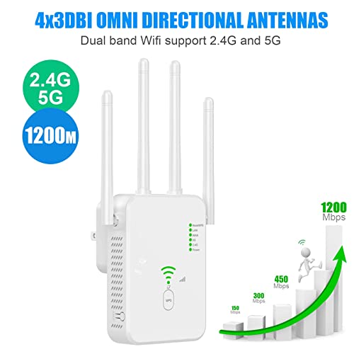 1200Mbit/s WLAN Verstärker, WiFi Repeater Dual Band WLAN Verstärker Signalverstärker mit 1 LAN Port, 1 WAN Port, WPS,3dBi x4 Antennen kompatibel zu Allen WiFi Geräten von GUHUASHI