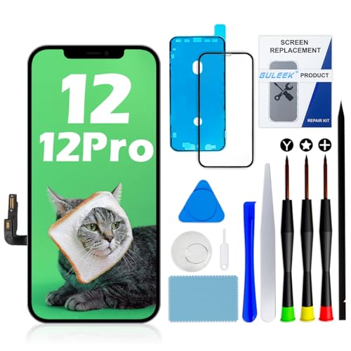 GULEEK Display für iPhone 12/12 Pro LCD Ersatz Bildschirm, 6,1" Vormontiert Touchscreen Schwarz mit Front Komplettes Glas und Werkzeug von GULEEK