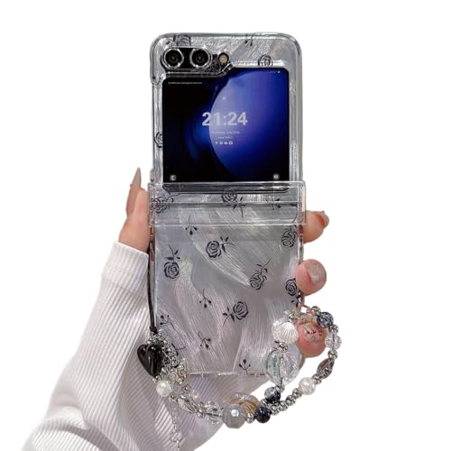 GULVQYF Schutzhülle für Samsung Galaxy Z Flip 5 mit Kette, stilvolles Muster, stoßfest, faltbar, Geschenk für Damen und Mädchen (Rose) von GULVQYF