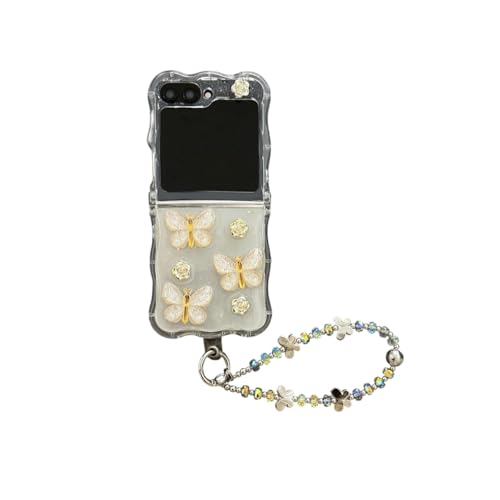 GULVQYF Schutzhülle für Samsung Galaxy Z Flip 6 mit niedlichem Schmetterlings-Design, mit Handgelenkkette, stilvoll, stoßfest, faltbare Handy-Schutzhülle, weiche Schale für Damen, Mädchen (B) von GULVQYF