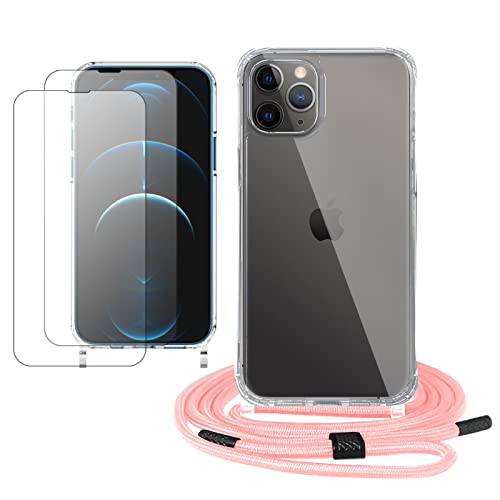 GUMO-LONG 4 in 1 Handykette mit Hülle Kompatibel iPhone 11 Pro mit 2 Stück Schutzfolie + Band, Transparent Schutzhülle zum Umhängeband, Stoßfest iPhone 11 Pro Case mit Kette zum Umhängen von GUMO-LONG