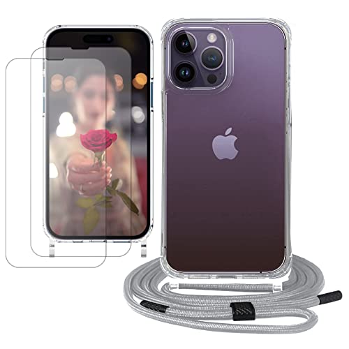 GUMO-LONG 4 in 1 Handykette mit Hülle Kompatibel iPhone 14 Pro max mit 2 Stück Schutzfolie + Band, Transparent Schutzhülle zum Umhängeband, Stoßfest iPhone 14 Pro max Case mit Kette zum Umhängen von GUMO-LONG