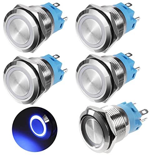 GUNGY Druckschalter Wasserdicht 19mm Taster LED Schalter 12V-24V 3A Verriegelung Druckknopfschalter Messing 5 Pin mit Blau Ring LED-Licht für Auto KFZ Boot Motorrad 5 Stück von GUNGY
