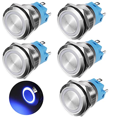 GUNGY Taster Schalter 12V-24V 3A Druckschalter Wasserdicht 19mm Momentanen Taster Druckknopfschalter Messing 5 Pin mit Blau Ring LED-Licht für Auto KFZ Boot Motorrad 5 Stück von GUNGY