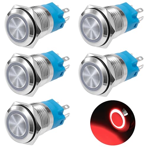 GUNGY Druckschalter Wasserdicht 19mm Schalter 12-24 V 3A Momentanen Taster Druckknopfschalter Messing 5 Pin mit Rot Ring LED-Licht für Auto KFZ Boot Motorrad 5 Stück von GUNGY