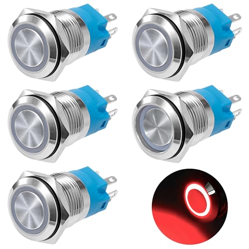 GUNGY Druckschalter Wasserdicht 19mm Schalter 12-24 V 3A Verriegelung Taster Druckknopfschalter Messing 5 Pin mit Rot Ring LED-Licht für Auto KFZ Boot Motorrad 5 Stück von GUNGY