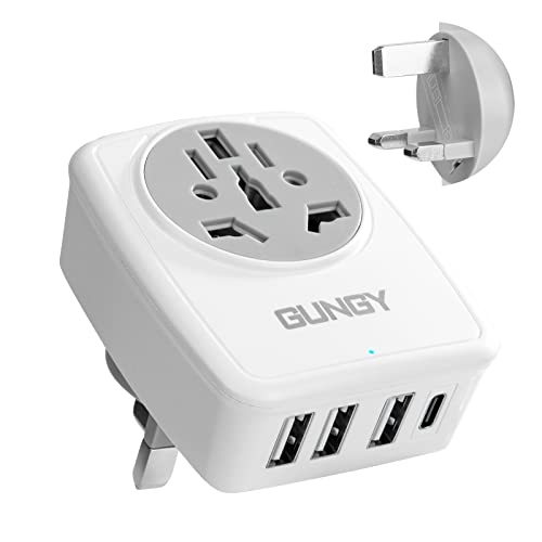 Reiseadapter UK Adapter Weltweit Deutschland auf England Stecker mit 3 USB 1 Typ-C AC Steckdosenadapter Reisestecker Stromadapter für Irland Dubai Singapur Reiseadapter Typ G von GUNGY