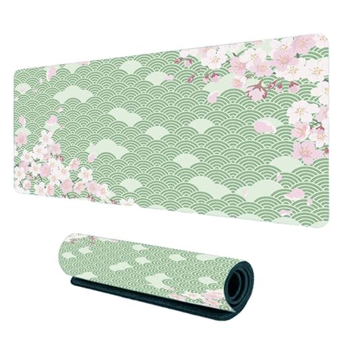 Großes Gaming-Mauspad mit genähten KantenS, Kirschblüten Design, Unter der Schreibtischunterlage, Schreibtischpad für Tastatur und Maus für PC/Laptop, 80×30cm (Grün) von GUSXPPD